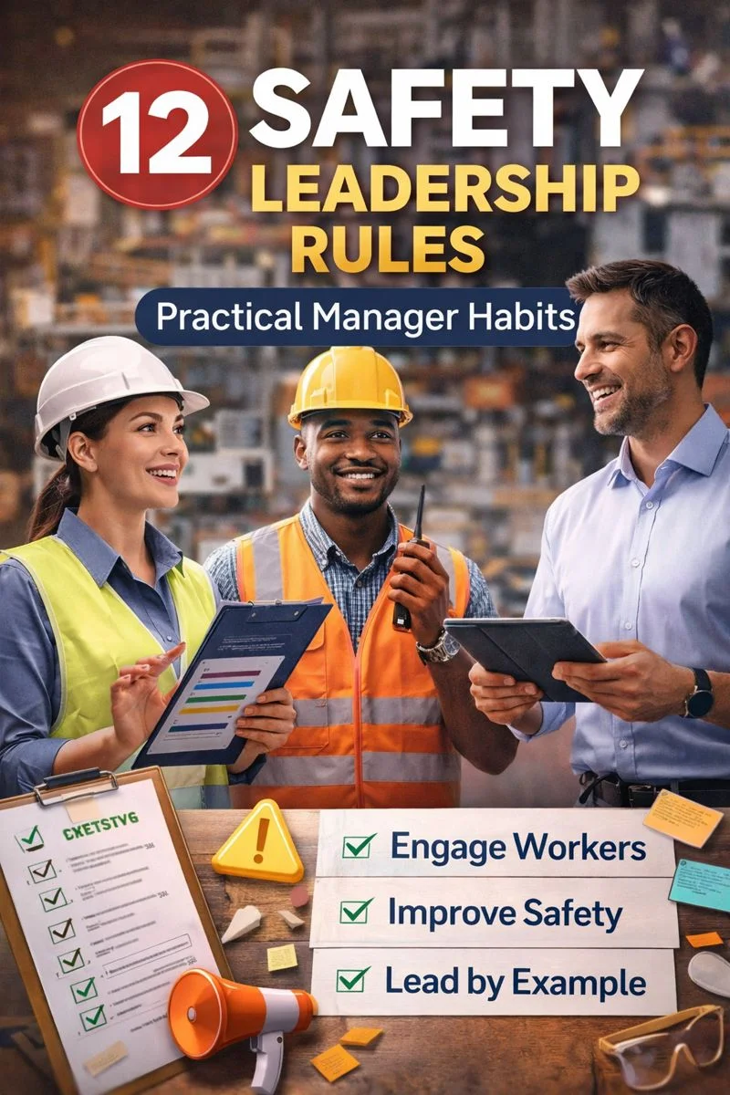 Realistic book cover for ‘12 Safety Leadership Rules: Practical Manager Habits,’ showing safety managers and supervisors in PPE helmets and vests reviewing checklists and tablets in an industrial work environment — representing safety leadership, worker engagement, and practical management habits.