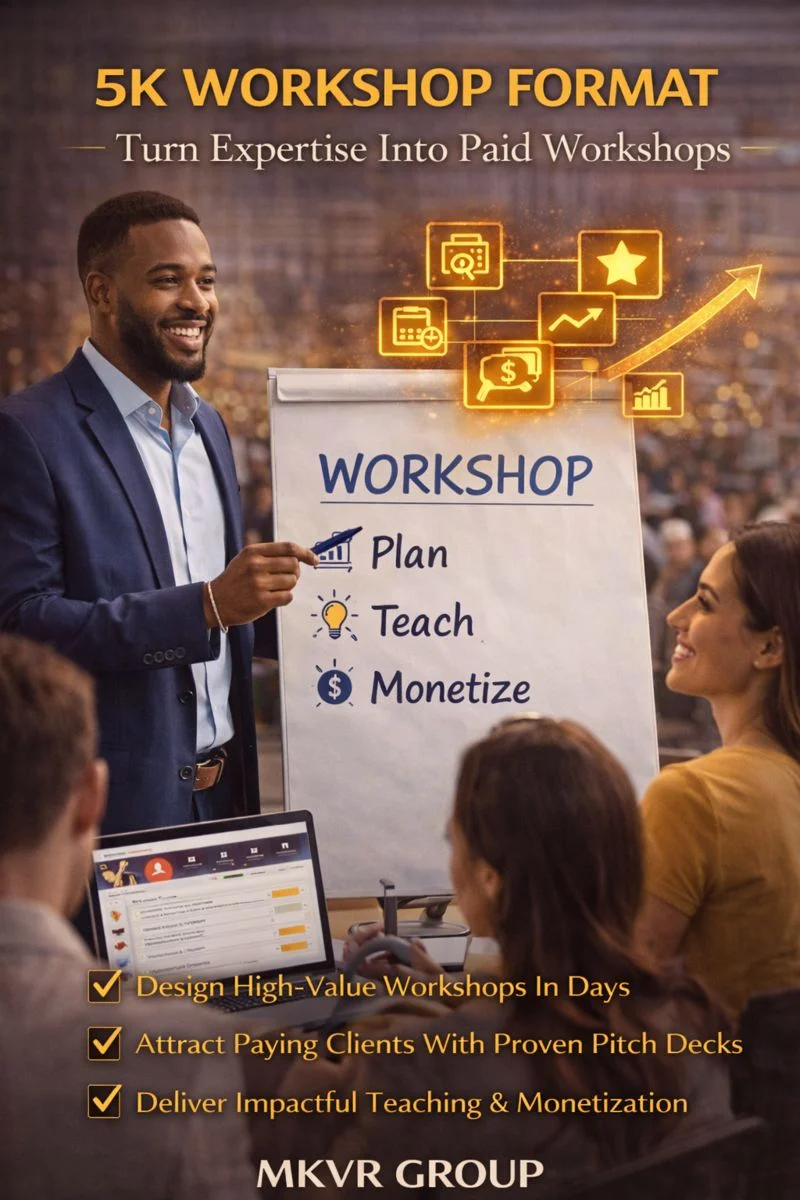 Realistic ebook cover showing a confident workshop trainer in a navy suit presenting to a small group in a modern conference room, smiling while pointing to a flip chart with the words Plan, Teach, and Monetize, with glowing icons representing money, growth, and strategy — 5K Workshop Format by MKVR Group.