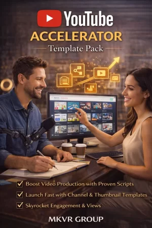 Realistic cover image showing a man and woman collaborating in a creative studio while reviewing a YouTube mini-course on a laptop, with a microphone, notebook, and glowing icons for analytics, growth, video strategy, and publishing consistency — 6-Day YouTube Momentum Accelerator by MKVR Group