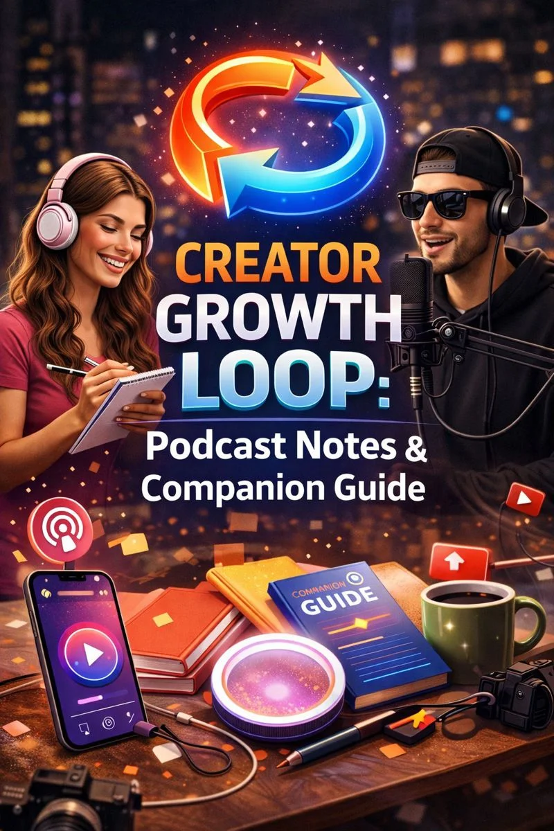 Realistic book cover of ‘Creator Growth Loop: Podcast Notes & Companion Guide’ featuring two modern podcast creators recording content with headphones and a studio microphone, notebooks, smartphone podcast app, camera and coffee on a desk, symbolizing creator growth, content strategy, and digital podcasting