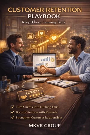 Realistic ebook cover showing two business professionals smiling and shaking hands across a wooden office table, with a laptop displaying retention analytics and glowing loyalty icons in the background, symbolizing customer relationships and long-term trust — Customer Retention Playbook by MKVR Group.