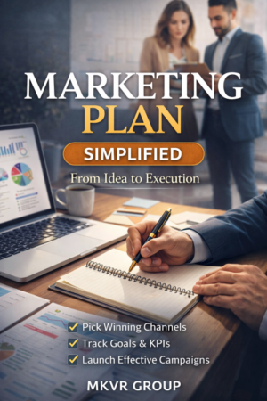Professional marketing planning ebook cover showing a business workspace with a person writing in a notebook beside a laptop, charts, and two professionals discussing strategy in the background — MKVR Group.