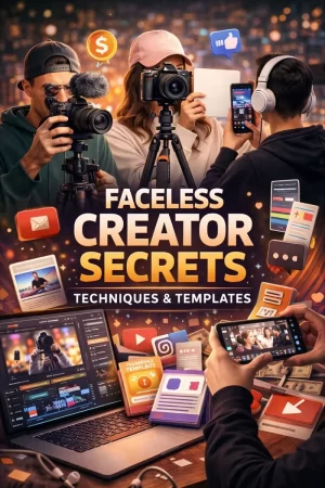 Book cover for ‘Faceless Creator Secrets: Techniques & Templates’ featuring real creators filming content without showing their faces, using cameras, smartphones, tripods, microphones, and editing tools, representing faceless content creation, automation workflows, and creator monetization strategies.