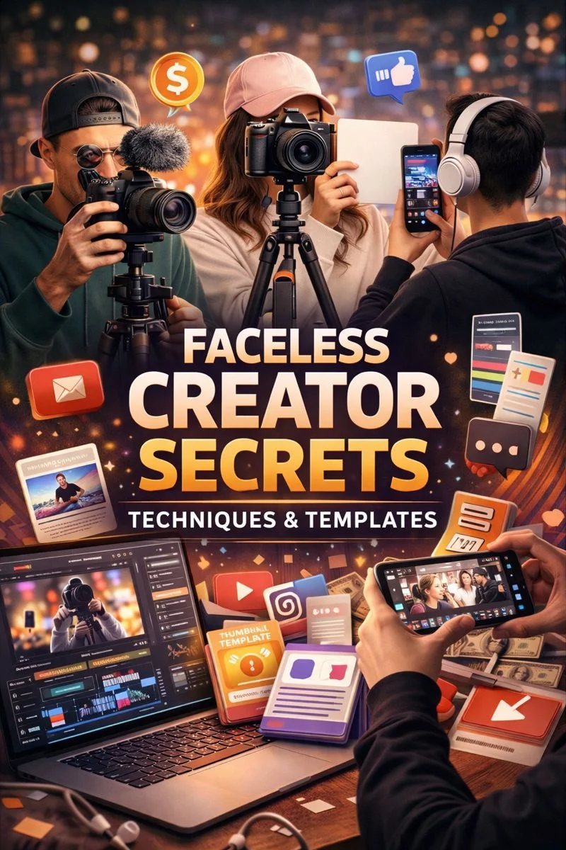 Book cover for ‘Faceless Creator Secrets: Techniques & Templates’ featuring real creators filming content without showing their faces, using cameras, smartphones, tripods, microphones, and editing tools, representing faceless content creation, automation workflows, and creator monetization strategies.