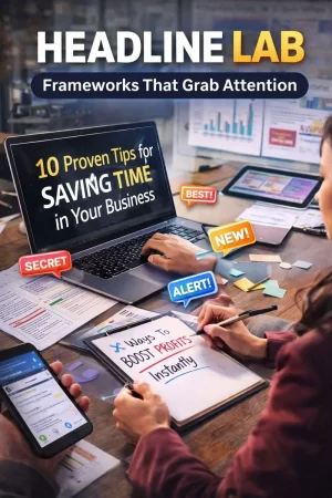 Realistic magazine-style book cover for ‘Headline Lab: Frameworks That Grab Attention,’ showing professionals brainstorming and writing marketing headlines on a laptop, notebook, and mobile device, surrounded by charts, sticky notes, and attention-grabbing callout labels — representing copywriting, content strategy, and headline frameworks.