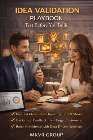 Realistic ebook cover showing a man and woman in a modern office testing a new product idea — the man holds a prototype bottle while the woman reviews survey results on a clipboard, with a laptop displaying analytics charts and glowing validation icons in the background — Idea Validation Playbook by MKVR Group.
