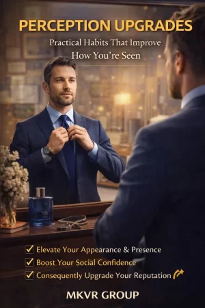 Realistic ebook cover showing a professional man adjusting his appearance in a mirror with confidence, surrounded by soft lighting and subtle lifestyle visuals, symbolizing personal presence, self-improvement, and perception upgrades — Perception Upgrades by MKVR Group.