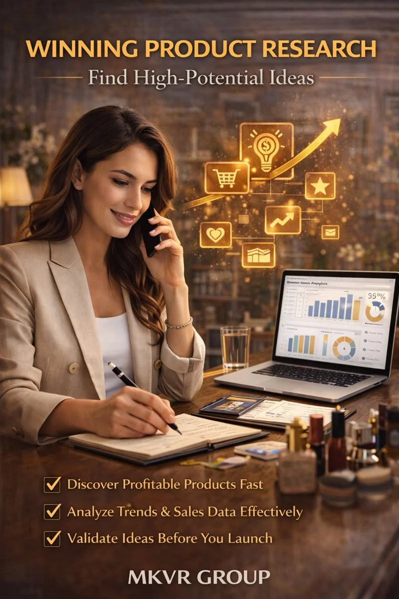 Realistic ebook cover showing a confident businesswoman sitting at a wooden desk, speaking on the phone while reviewing product research notes, with a laptop displaying sales analytics charts and glowing icons for ideas, ecommerce, and growth — Winning Product Research by MKVR Group